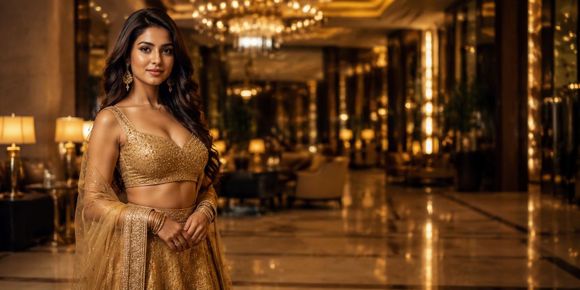 Indian woman using mobile for sports betting payments in traditional attire