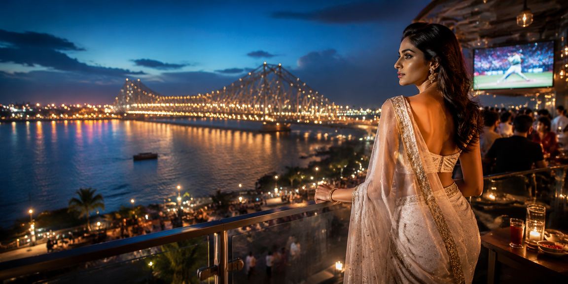 Woman playing Rummy online with traditional attire in Kolkata